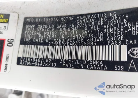 2019 Toyota Corolla Le z USA, uszkodzony, nr VIN 2T1BURHE4KC125996